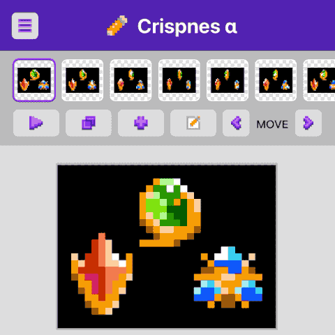 Screen capture of Crispnes, clicking through frames of an animation of the Spiritual Stones from Ocarina of Time, then a preview of the animation.