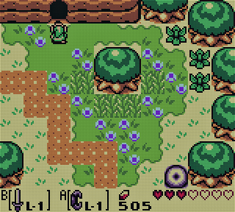 Mockup of a cross-stitch upscaled frame from Link’s Awakening DX.